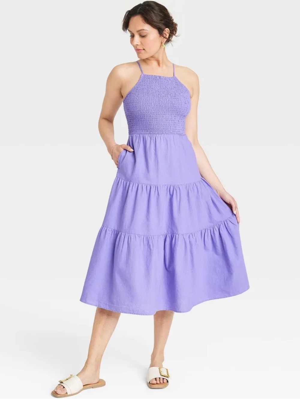 NWT Universal Thread Purple Smocked Tiered Midi Dress Pockets Cutout Back M